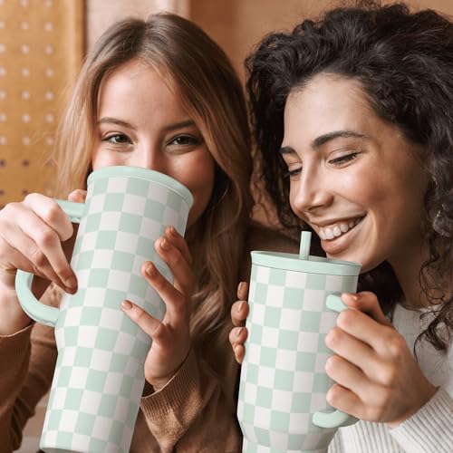Checkered Tumbler with Handle 40oz, Mint Checker Cup Stainless Steel Insulated Tumblers Coffee Travel Mug Cups with Straw, Gifts for Women Girls Teen Birthday Christmas - color: Checker
