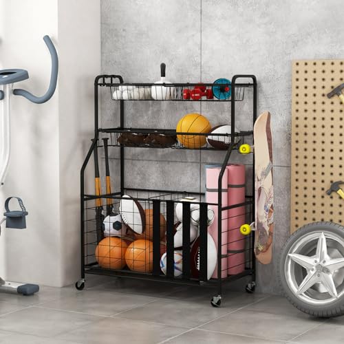 GYMAX Garage Sports Equipment Organizer, Ball Storage with Basket, Hooks, Lockable Wheels, Rolling Toy Storage Cart for Golf Bag Bats Football Sports Gear