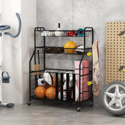 GYMAX Garage Sports Equipment Organizer, Ball Storage with Basket, Hooks, Lockable Wheels, Rolling Toy Storage Cart for Golf Bag Bats Football Sports Gear