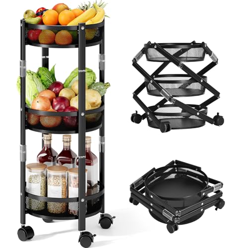 TOOLF 3-Tier Foldable Rolling Cart, Collapsible Metal Utility Cart with Wheels, Assembly-Free, Round Storage Organizer Trolley for Kitchen, Bathroom, Dorm, Nursery, Black