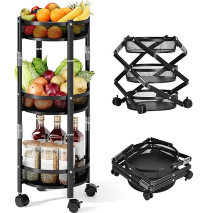 TOOLF 3-Tier Foldable Rolling Cart, Collapsible Metal Utility Cart with Wheels, Assembly-Free, Round Storage Organizer Trolley for Kitchen, Bathroom, Dorm, Nursery, Black