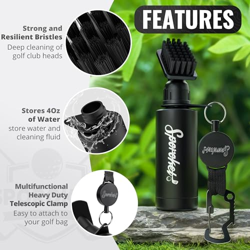 Pro Golf Club Brush Cleaner with Multi Purpose Heavy Duty Retractable Clamp and Squeeze Bottle for 4 oz of Water, Premium Golf Accessories for Men