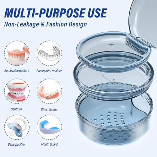 Denture Case Retainer Cleaning Case: 2 in 1 Retainer Case, No-Leak Denture Bath Box Cup, Complete Clean Care for Dentures, Clear Braces, Mouth Guard, Night Guard & Retainers - color: Blue