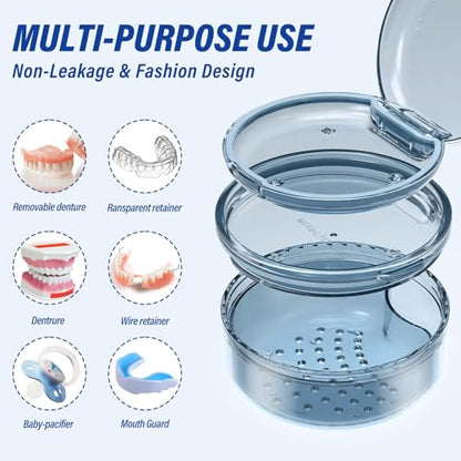 Denture Case Retainer Cleaning Case: 2 in 1 Retainer Case, No-Leak Denture Bath Box Cup, Complete Clean Care for Dentures, Clear Braces, Mouth Guard, Night Guard & Retainers - color: Blue