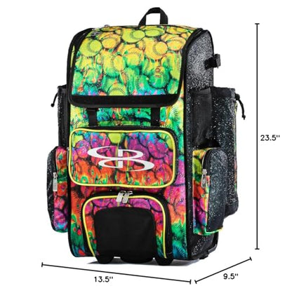 Boombah Rolling Superpack 2.0 Baseball/Softball Gear Bag - 23-1/2" x 13-1/2" x 9-1/2" - Telescopic Handle - Holds 4 Bats - Wheeled Version - Neon Ballpark Glitter Multi