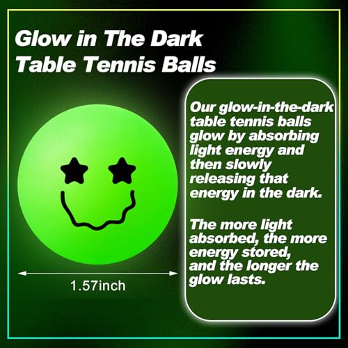 Soulchen 40mm Glow in The Dark Table Tennis Balls Bulk, Carnival Game Night, Neon Birthday Party Favors, Classroom Rewards, Goodie Bag Filler, Pet Playmate - color: Glow in the Dark Green, size: Smile Face