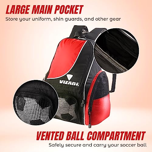 Vizari Solano Soccer Backpack With Ball Compartment and Vented Ball Pocket and Mesh Side Cargo Pockets for Adults and Teens - color: Red