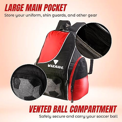 Vizari Solano Soccer Backpack With Ball Compartment and Vented Ball Pocket and Mesh Side Cargo Pockets for Adults and Teens - color: Red