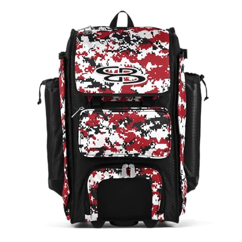 Boombah Rolling Catchers Superpack Baseball/Softball Gear Bag Digital Camo - 23-1/2" x 13-1/2" x 9-1/2" - Multiple Colors - Telescopic Handle and Holds 4 Bats - Wheeled Version - color: Black/Red