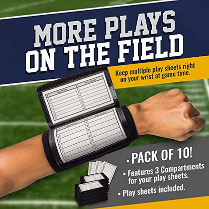 GSM Brands Quarterback (QB) Play Wristband - Youth Size - Pro Football Armband Playbook - 10 Pack (Black)