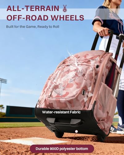 AUROTIER Rolling Baseball Bag with Wheels, Large All-Terrain Wheeled Softball Bag Holds 4 Bats, Water-Resistant Baseball Roller Backpack with Shoe Compartment and Fence Hooks for Players and Coaches - color: Pink Camo