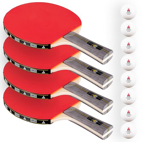 JOOLA Helio 4-Player Table Tennis Set - 4 Premium Ping Pong Paddle Rackets, 8 High-Performance White 3-Star Table Tennis Balls, Beginner Friendly Starter Kit for Maximum Control, 12 Piece Set