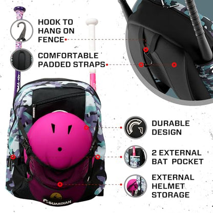 Guardian Baseball Backpack for Youth, Softball Bag for Girls, Durable Bat Bags Baseball Youth Boys and Girls, TBall Bag – Includes Hook to Hang on Fence - color: Pastel Multi