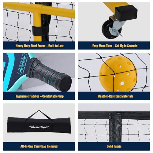 AuroraSynth Portable Pickleball Net Set with Wheels, 22 x 3ft Regulation Size Pickle Ball Net with Ball Collector, 4 Pickle Balls, 4 Pickleball Paddles, Carry Bag for Backyards, Driveway, Garage