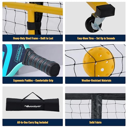 AuroraSynth Portable Pickleball Net Set with Wheels, 22 x 3ft Regulation Size Pickle Ball Net with Ball Collector, 4 Pickle Balls, 4 Pickleball Paddles, Carry Bag for Backyards, Driveway, Garage
