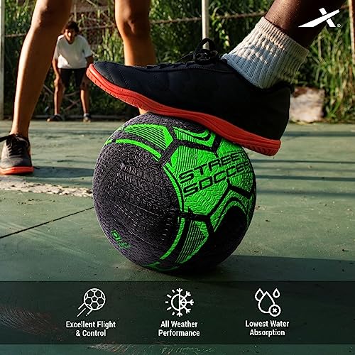 Vector X Street Soccer Rubber Moulded Indoor/Outdoor Water-Resistant Football with Butyl Bladder, Black-Green, Size 5, Suitable for Match and Training for Adults 15+ Years
