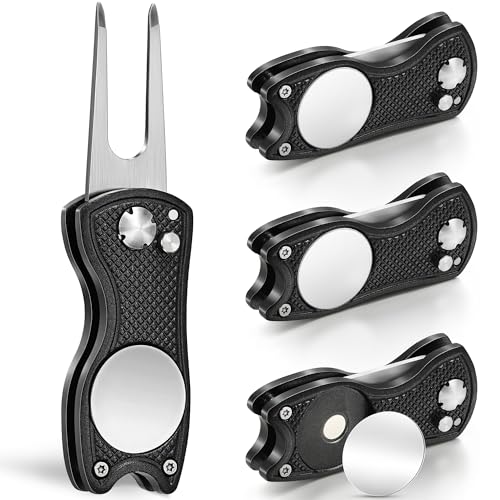 Mile High Life Golf Divot Repair Tool, All Metal Foldable Divot Tool with Pop-up Button & Magnetic Ball Marker, 2-6 Pack - color: 4 Pack Black