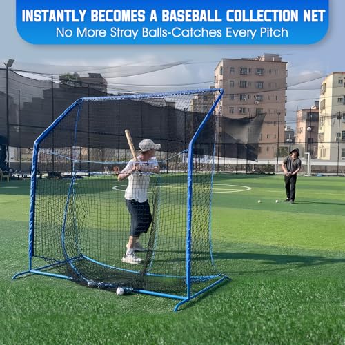 Baseball Softball Net with Blocking System, 7x7ft/6x6ft/10x7ft Practice Cage Net for Batting/Pitching/Fielding, Metal Frame with Elevated Base and Storage Bag for Backyard Indoor Training - size: 7x7FT