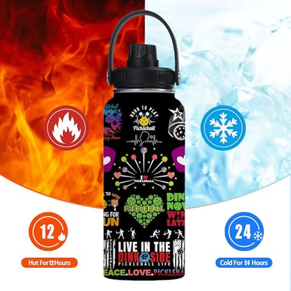 Pickleball Water Bottle 32oz Stainless Steel Insulated Vaccum with Lid, Pickleball Gifts for Pickleball Players, Pickleball Lovers, Women Girls Ladies - color: Pickleball
