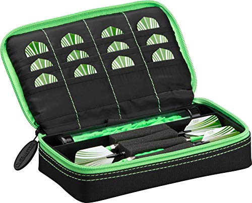 Casemaster Plazma Dart Case for Soft and Steel Tip Darts, Holds 3 Darts and Features Built-In Storage Tube and Pockets for Flights, Tips, Shafts, and Personal Items - color: Green Trim