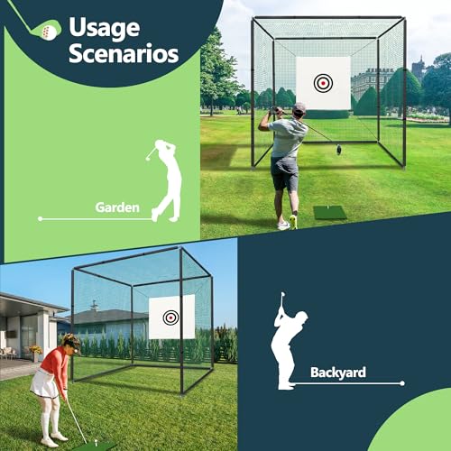 Golf Cage Net with Steel Frame 10x10x10 Ft Golf Practice Nets Used for Indoor Full Swing Practice and Chopping Practice, Including Target Fabric and Swing Pad