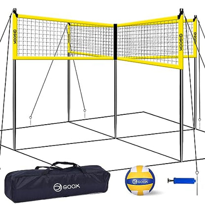 GOOX 4 Square Volleyball Net Game Set, 14 FT 4-Way Volleyball Net for Backyard Beach Lawn, Portable Four Square Volleyball Net for Adults & Youths with Vollyball, Pump, Carry Bag