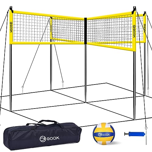 GOOX 4 Square Volleyball Net Game Set, 14 FT 4-Way Volleyball Net for Backyard Beach Lawn, Portable Four Square Volleyball Net for Adults & Youths with Vollyball, Pump, Carry Bag - color: yellow