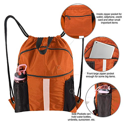 BeeGreen Drawstring Backpack Bag with Shoe Compartment, X-Large Black Gym Sports String Cinch Backpack - color: Orange