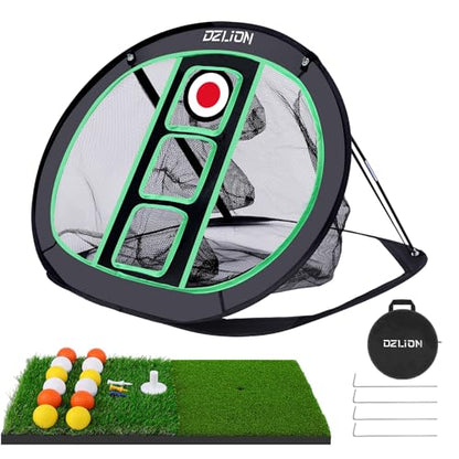 Golf Chipping Net and Mat Set - Pop Up Foldable Indoor Training Target with 2 Hitting Mats and 12 Practice Balls - Gifts for Men, Golfers, Teenage Boys