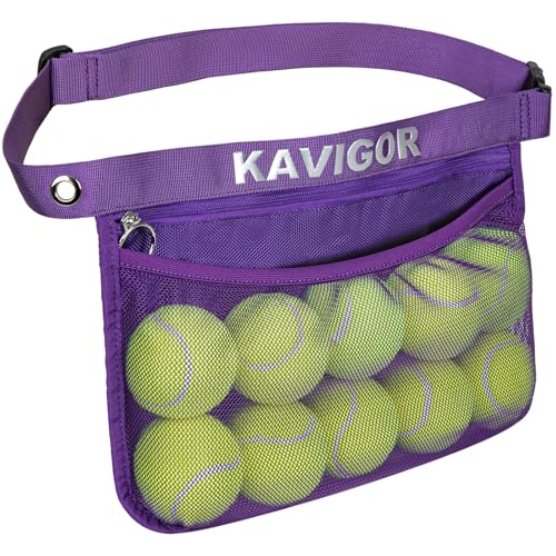 KAVIGOR Tennis & Pickleball Ball Holder Waist Pouch Holds 8-10 Balls, Multi-Functional Sports Belt Bag with Zipper Pocket and Carabiner - color: Purple