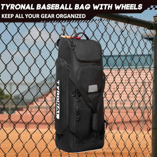 Baseball Bag with Wheels for 4 Bats,Soft Rolling Baseball Bag With Multi-Pockets, Fence Hook, Holds All Baseball Equipment.