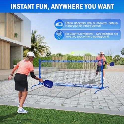 Pickleball Practice Rebounder Net Adjustable Angle for Dinks Volleys Solo Team Training Equipment, Mini Pickle Ball Net Portable Trainer for Outdoor Driveway Backyard Indoor Garage, Easy Setup - size: 8x6FT