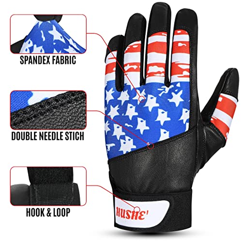 Hushe' American Flag Batting Gloves Softball Batting Gloves USA Flag Baseball Batting Gloves Youth Batting Gloves Baseball Batting Gloves Youth Kids Batting Goves Adults Unisex - size: Medium, style: Adult
