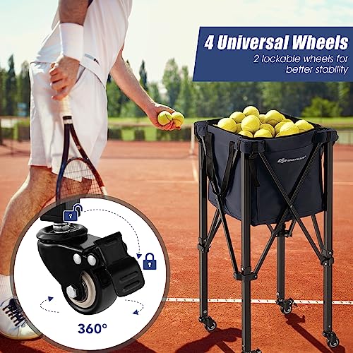 Goplus Foldable Tennis Ball Hopper, Lightweight Aluminum Tennis Ball Basket with Wheels, Removable Bag, Side Pockets, Carry Bag, Portable Sports Teaching Cart Holds 150 Tennis Balls