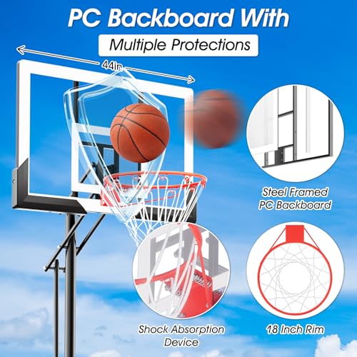 AWII SPORT Basketball Hoop Outdoor 44 Inch Shatterproof Backboard 4.8-10ft Height Adjustable Portable Basketball Hoop Goal System for Kids Youth Adults Play in Backyard/Courts/Indoor