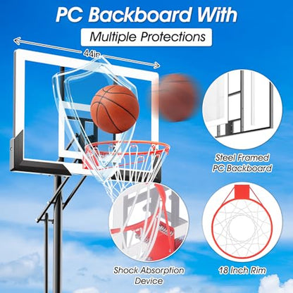 AWII SPORT Basketball Hoop Outdoor 44 Inch Shatterproof Backboard 4.8-10ft Height Adjustable Portable Basketball Hoop Goal System for Kids Youth Adults Play in Backyard/Courts/Indoor