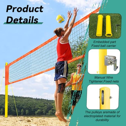 Volleyball Poles for Backyard,Adjustable Volleyball & Badminton Net Pole Set with Ground Inserted Steel Base,Professional Badminton Net Pole with Adjustable Height for Indoor Gym Outdoor Park School