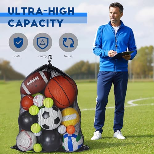 Sports Ball Bag Drawstring Mesh Bags Soccer Large Ball Net Bag Sports Equipment Storage Organizer for Balls Gym, Beach, Cloth, Swimming Gears - size: 20 x 24inch