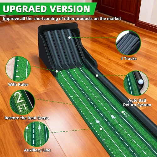 Putting Green Indoor - Practice Uphill Putts, Golf Putting Mat with Auto Ball Return, Golf Training Aid for Home, Office, Backyard, Party Game, Great Gifts for Men Dad