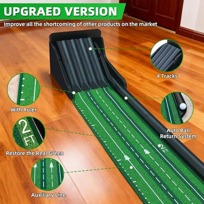 Putting Green Indoor - Practice Uphill Putts, Golf Putting Mat with Auto Ball Return, Golf Training Aid for Home, Office, Backyard, Party Game, Great Gifts for Men Dad