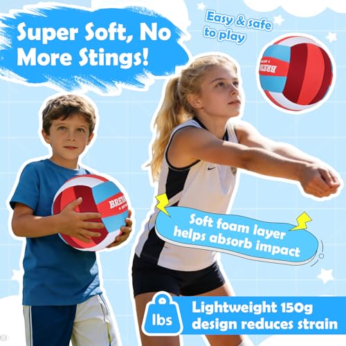 Soft Indoor Volleyball – Quiet Lightweight Fabric Volleyball for Kids, Youth & Beginners, Safe Training Ball, Pump Included - color: Red/Blue