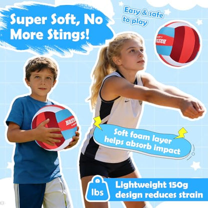 Soft Indoor Volleyball – Quiet Lightweight Fabric Volleyball for Kids, Youth & Beginners, Safe Training Ball, Pump Included - color: Red/Blue