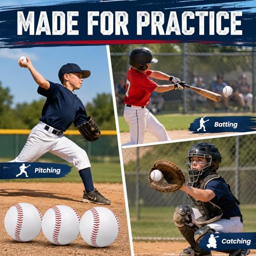 Hard Baseballs, Classic White Baseball Practice Balls, Raised Seam Training Baseballs for Batting, Pitching, Catching, Team Practice, Recreational Play, Youth Teen Adult (3)