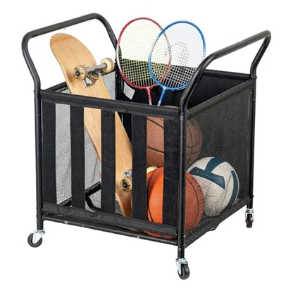 MyGift Mesh Fabric Multi Sports Ball Storage Rolling Cart with Matte Black Metal Frame, and Angled Handles, Garage, Gym or Playground Basketball, Soccer Ball Cage Equipment Basket with Caster Wheels