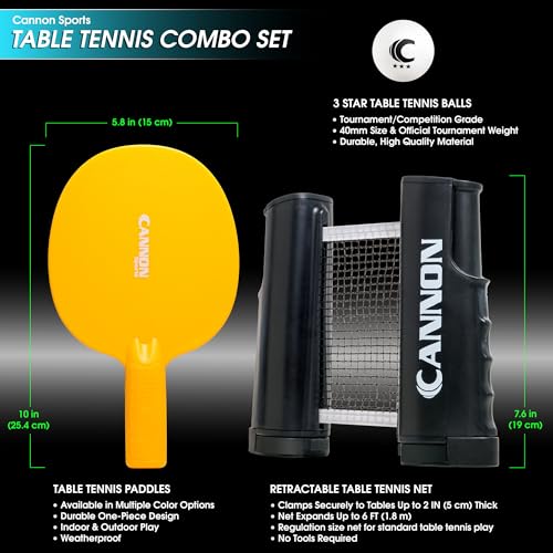 Cannon Sports Table Tennis Set – 2 Unbreakable Paddles, 6 3-Star Balls, Retractable Net & Carry Bag – Clamp-On Portable Ping Pong Net Fits Tables up to 2 Inch Thick, Extends to 6 Feet - color: Yellow