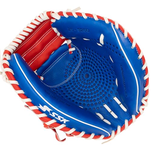 SSK Z5 Craftsman Baseball Catcher’s Mitt – 32.5” - 33” - 33.5” - 34" – Right & Left Hand Throw - color: Royal/White/Red, size: 32.50" - Left Hand Throw