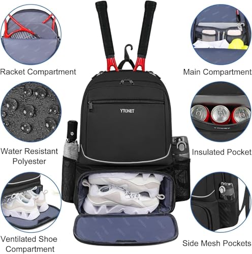 Ytonet Tennis Bag Tennis Backpack for Women Men 2 Rackets with Insulated Pocket Ventilated Shoe Compartment - color: Black