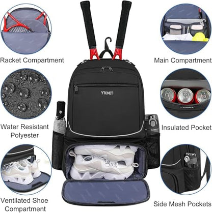 Ytonet Tennis Bag Tennis Backpack for Women Men 2 Rackets with Insulated Pocket Ventilated Shoe Compartment - color: Black