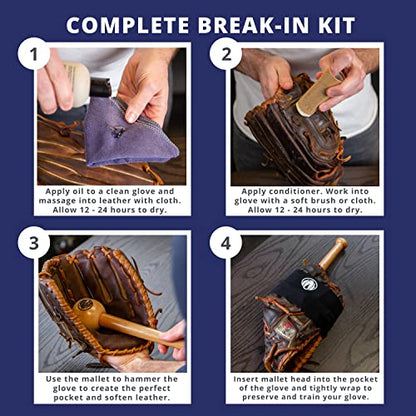 Rhino Wax - Baseball Glove Ultimate Break-in Kit - Includes Premium Oil for Ball Gloves, Mitt Conditioner, Hardwood Mallet, Wrap, Brush, and Microfiber Cloth - This is How to Break in a Glove Fast