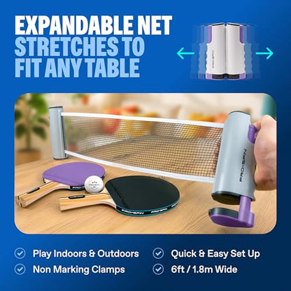 PRO-SPIN Portable Ping Pong Set with Retractable Ping Pong Net for Any Table, All-in-One Table Tennis Set with Ping Pong Paddles, Balls & Case, Table Top Family Game - color: 2-Player Set | Purple/Blue